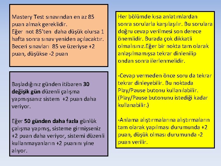 Mastery Test sınavından en az 85 puan almak gereklidir. Eğer not 85’ten daha düşük