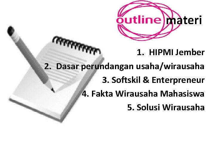 materi 1. HIPMI Jember 2. Dasar perundangan usaha/wirausaha 3. Softskil & Enterpreneur 4. Fakta materi 1. HIPMI Jember 2. Dasar perundangan usaha/wirausaha 3. Softskil & Enterpreneur 4. Fakta