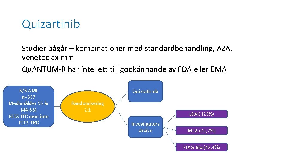 Quizartinib Studier pågår – kombinationer med standardbehandling, AZA, venetoclax mm Qu. ANTUM-R har inte
