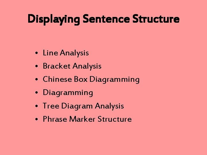 Displaying Sentence Structure • • • Line Analysis Bracket Analysis Chinese Box Diagramming Tree