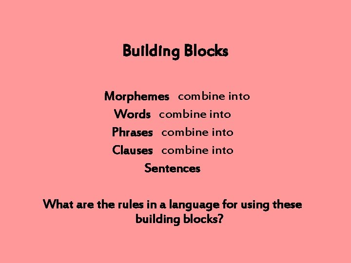 Building Blocks Morphemes combine into Words combine into Phrases combine into Clauses combine into