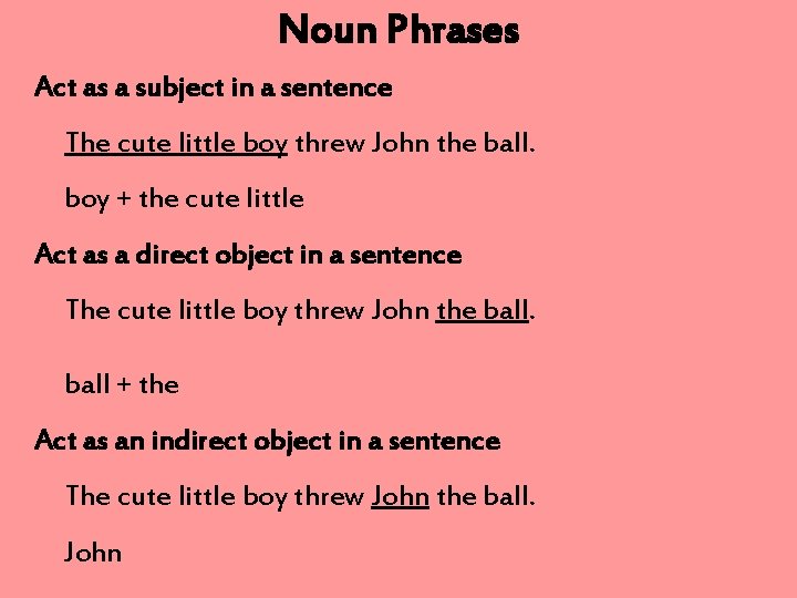 Noun Phrases Act as a subject in a sentence The cute little boy threw