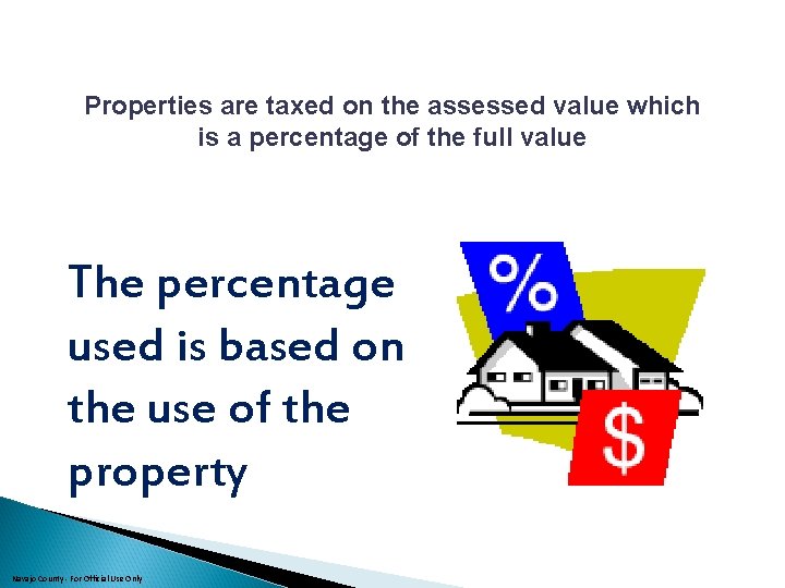 Properties are taxed on the assessed value which is a percentage of the full