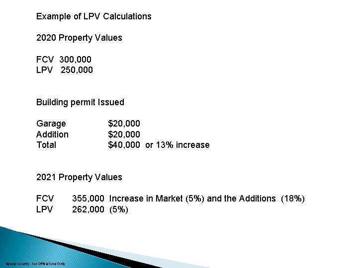 Example of LPV Calculations 2020 Property Values FCV 300, 000 LPV 250, 000 Building