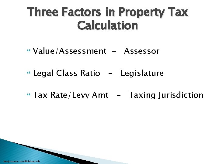 Three Factors in Property Tax Calculation Value/Assessment - Assessor Legal Class Ratio - Legislature