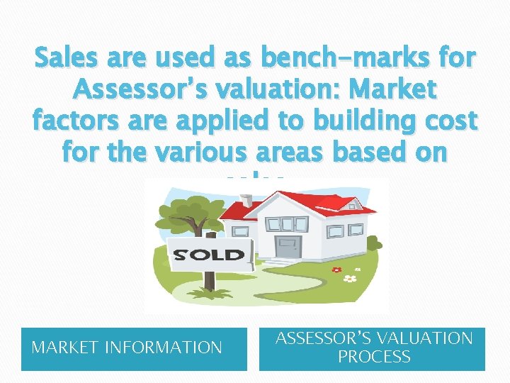 Sales are used as bench-marks for Assessor’s valuation: Market factors are applied to building