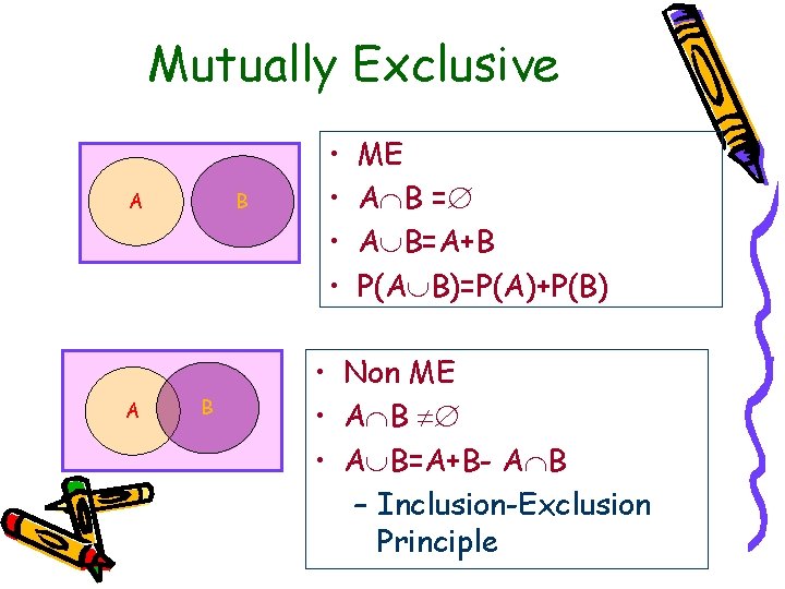 Mutually Exclusive A A B B • • ME A B = A B=A+B