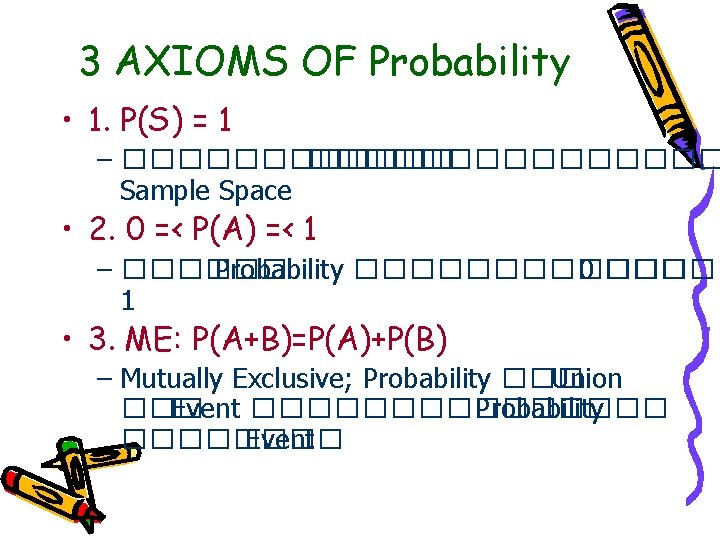 3 AXIOMS OF Probability • 1. P(S) = 1 – ��������������� Sample Space •