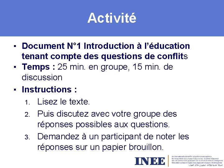 Activité ▪ Document N° 1 Introduction à l’éducation tenant compte des questions de conflits