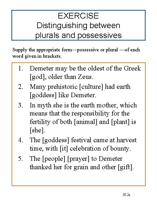 EXERCISE Distinguishing between plurals and possessives Supply the appropriate form—possessive or plural —of each