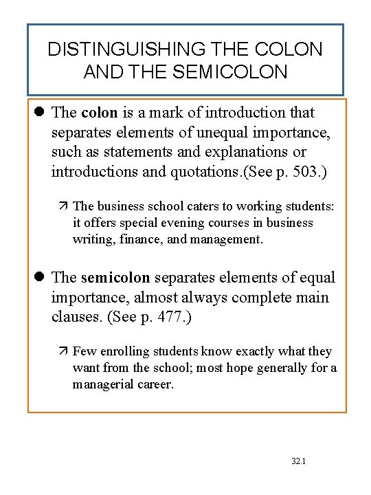 DISTINGUISHING THE COLON AND THE SEMICOLON The colon is a mark of introduction that