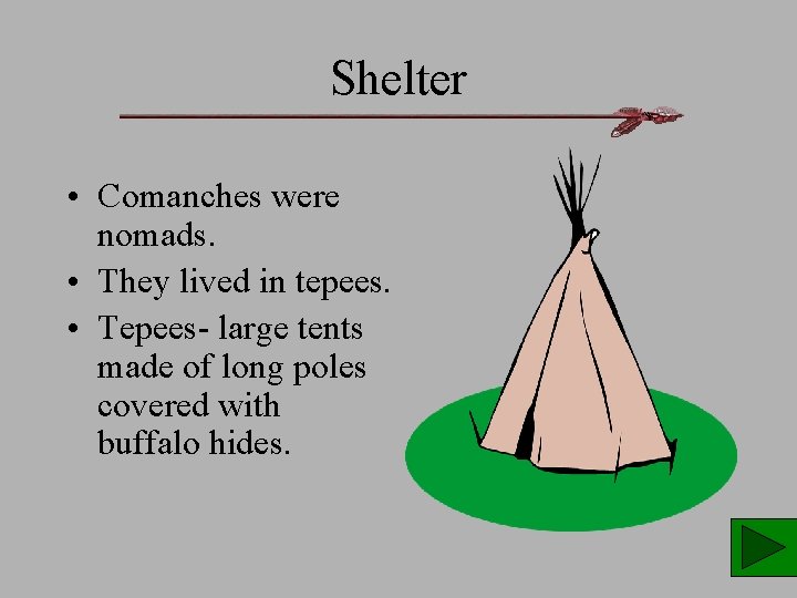 Shelter • Comanches were nomads. • They lived in tepees. • Tepees- large tents