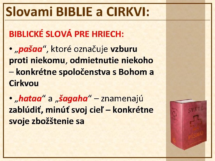 Slovami BIBLIE a CIRKVI: BIBLICKÉ SLOVÁ PRE HRIECH: • „pašaa“, ktoré označuje vzburu proti