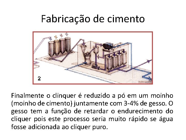 Fabricação de cimento Finalmente o clinquer é reduzido a pó em um moinho (moinho