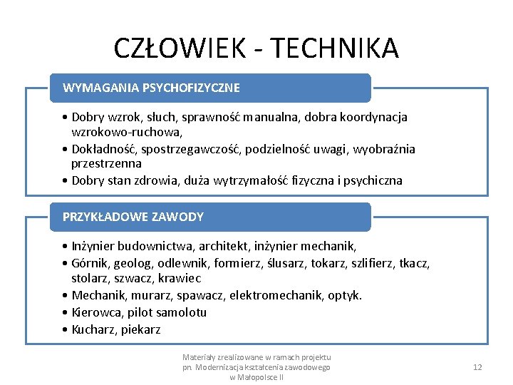 CZŁOWIEK - TECHNIKA WYMAGANIA PSYCHOFIZYCZNE • Dobry wzrok, słuch, sprawność manualna, dobra koordynacja wzrokowo-ruchowa,