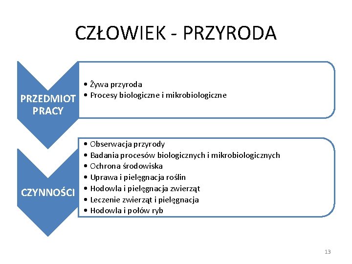 CZŁOWIEK - PRZYRODA PRZEDMIOT PRACY CZYNNOŚCI • Żywa przyroda • Procesy biologiczne i mikrobiologiczne