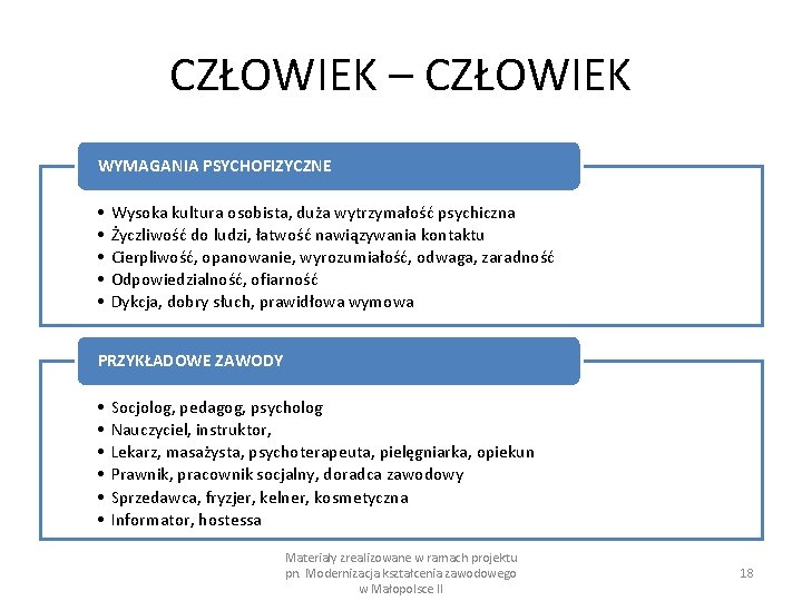 CZŁOWIEK – CZŁOWIEK WYMAGANIA PSYCHOFIZYCZNE • • • Wysoka kultura osobista, duża wytrzymałość psychiczna