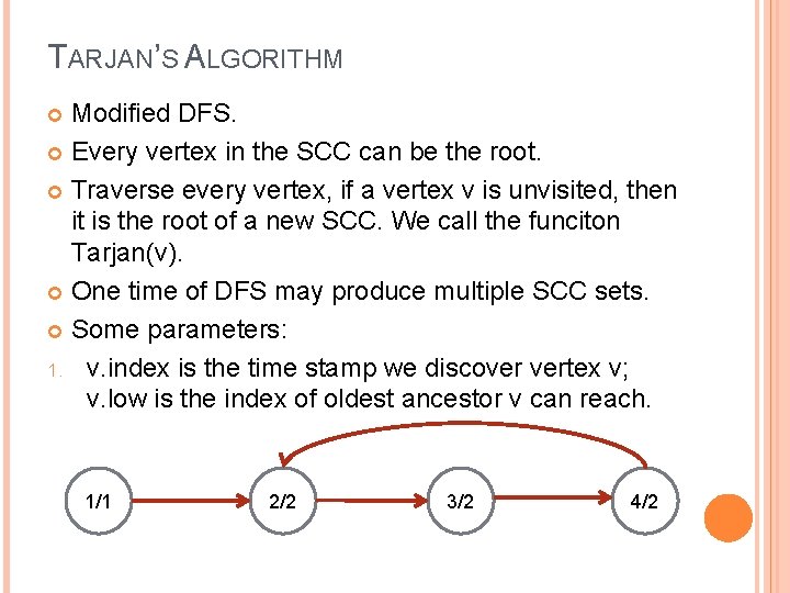 TARJAN’S ALGORITHM Modified DFS. Every vertex in the SCC can be the root. Traverse