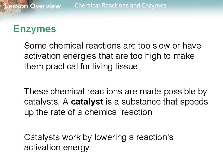 Lesson Overview Chemical Reactions and Enzymes Some chemical reactions are too slow or have