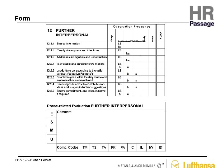 Form FRA PC/L Human Factors 