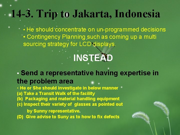 14 -3. Trip to Jakarta, Indonesia • He should concentrate on un-programmed decisions •