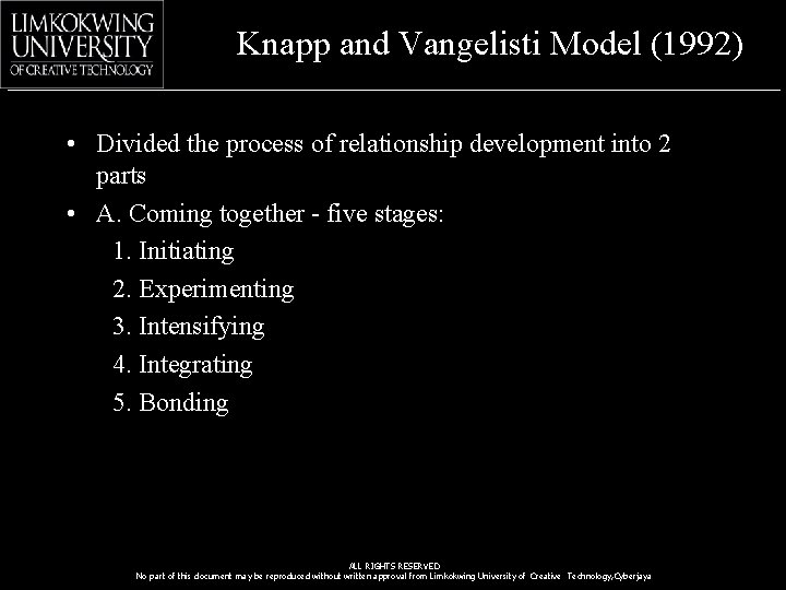 Knapp and Vangelisti Model (1992) • Divided the process of relationship development into 2