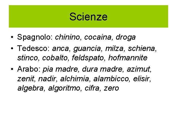 Scienze • Spagnolo: chinino, cocaina, droga • Tedesco: anca, guancia, milza, schiena, stinco, cobalto,