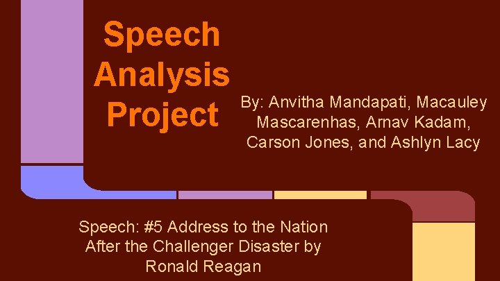 Speech Analysis By: Anvitha Mandapati, Macauley Project Mascarenhas, Arnav Kadam, Carson Jones, and Ashlyn