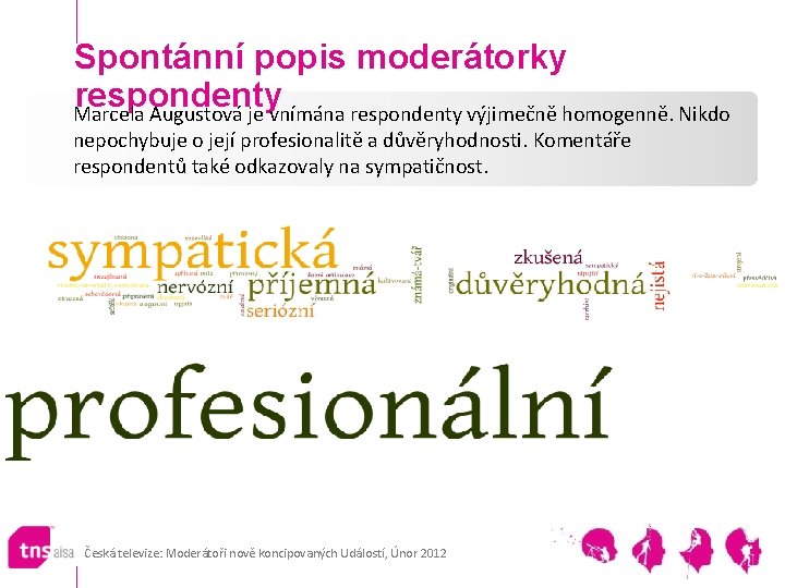 Spontánní popis moderátorky respondenty Marcela Augustová je vnímána respondenty výjimečně homogenně. Nikdo nepochybuje o