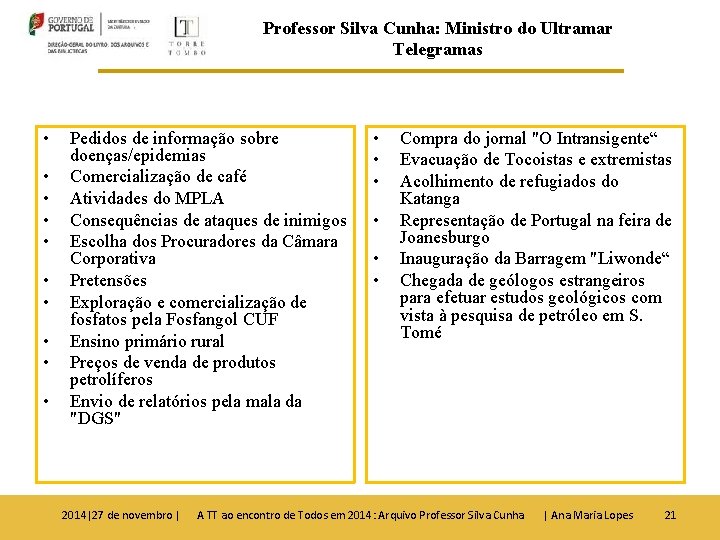 Professor Silva Cunha: Ministro do Ultramar Telegramas • • • Pedidos de informação sobre