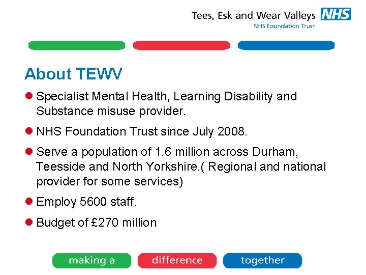 About TEWV l Specialist Mental Health, Learning Disability and Substance misuse provider. l NHS About TEWV l Specialist Mental Health, Learning Disability and Substance misuse provider. l NHS