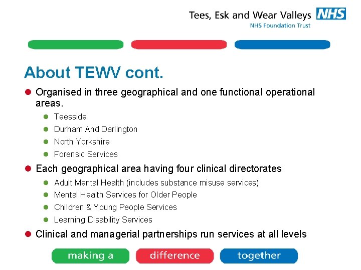 About TEWV cont. l Organised in three geographical and one functional operational areas. l About TEWV cont. l Organised in three geographical and one functional operational areas. l