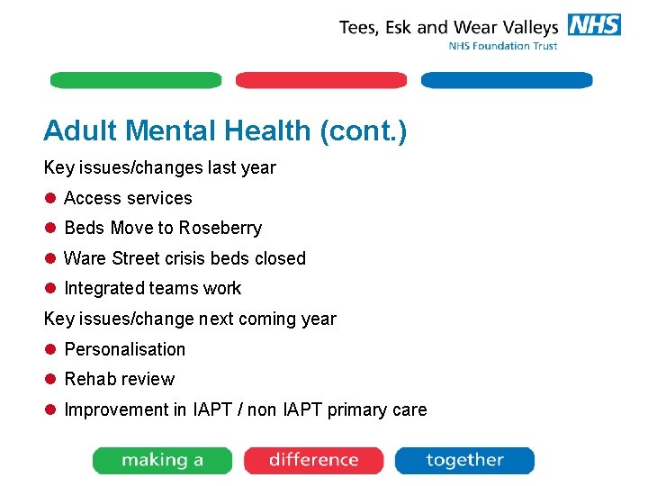 Adult Mental Health (cont. ) Key issues/changes last year l Access services l Beds Adult Mental Health (cont. ) Key issues/changes last year l Access services l Beds