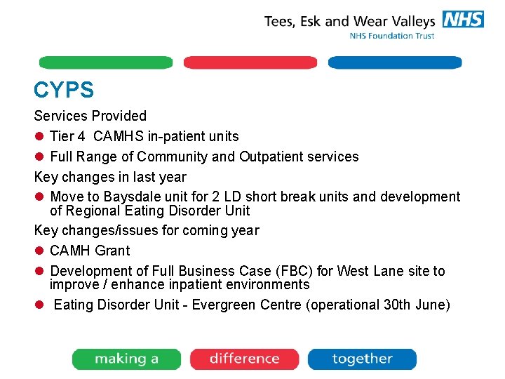 CYPS Services Provided l Tier 4 CAMHS in-patient units l Full Range of Community CYPS Services Provided l Tier 4 CAMHS in-patient units l Full Range of Community