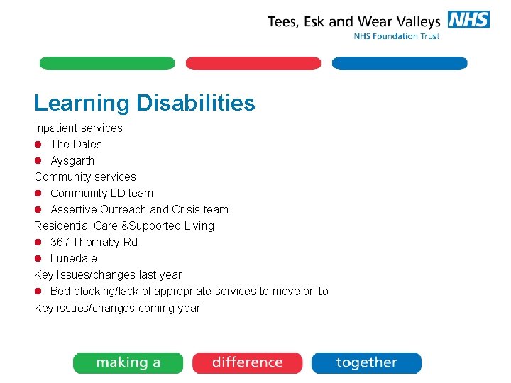 Learning Disabilities Inpatient services l The Dales l Aysgarth Community services l Community LD Learning Disabilities Inpatient services l The Dales l Aysgarth Community services l Community LD