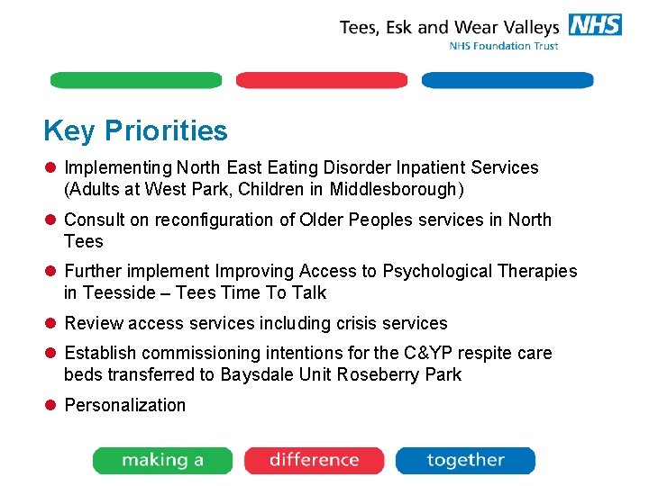 Key Priorities l Implementing North East Eating Disorder Inpatient Services (Adults at West Park, Key Priorities l Implementing North East Eating Disorder Inpatient Services (Adults at West Park,
