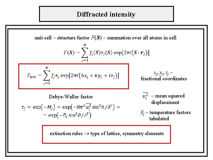 Diffracted intensity unit cell – structure factor F(S) – summation over all atoms in