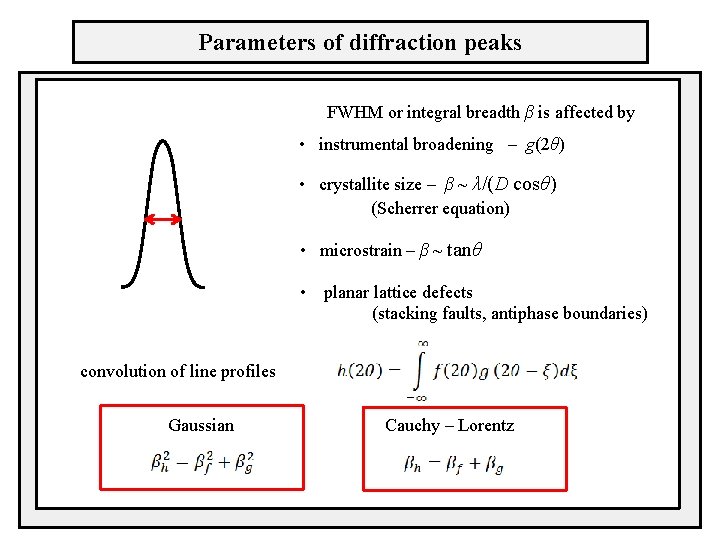 Parameters of diffraction peaks FWHM or integral breadth β is affected by • instrumental