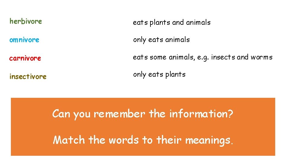 herbivore eats plants and animals omnivore only eats animals carnivore eats some animals, e. herbivore eats plants and animals omnivore only eats animals carnivore eats some animals, e.