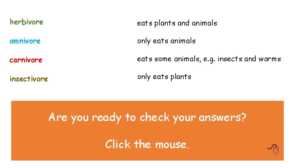 herbivore eats plants and animals omnivore only eats animals carnivore eats some animals, e. herbivore eats plants and animals omnivore only eats animals carnivore eats some animals, e.