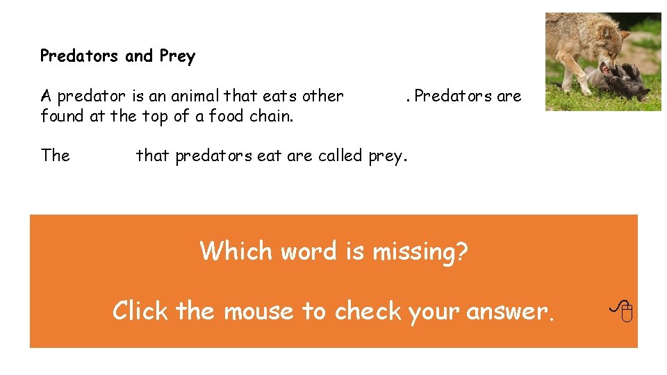 Predators and Prey A predator is an animal that eats other animals. Predators are Predators and Prey A predator is an animal that eats other animals. Predators are