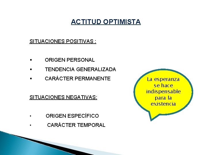 ACTITUD OPTIMISTA SITUACIONES POSITIVAS : § ORIGEN PERSONAL § TENDENCIA GENERALIZADA § CARÁCTER PERMANENTE