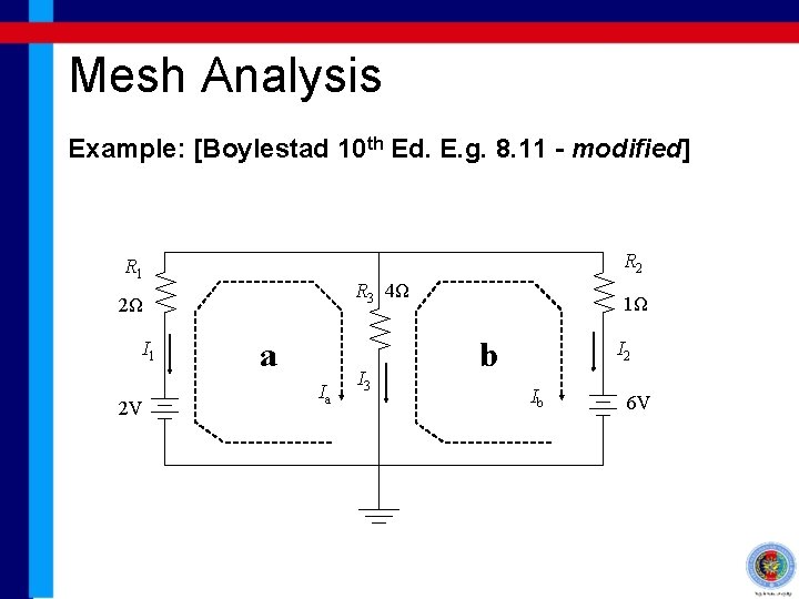 Mesh Analysis Example: [Boylestad 10 th Ed. E. g. 8. 11 - modified] R