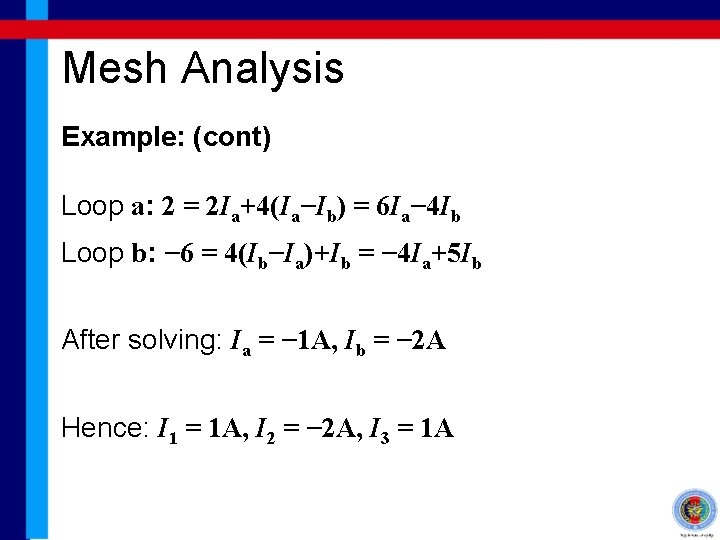 Mesh Analysis Example: (cont) Loop a: 2 = 2 Ia+4(Ia−Ib) = 6 Ia− 4