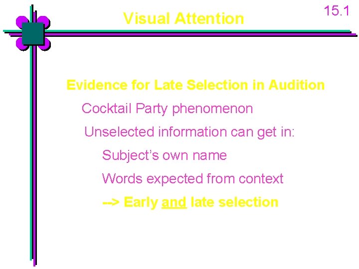 15. 1 Visual Attention Evidence for Late Selection in Audition Cocktail Party phenomenon Unselected