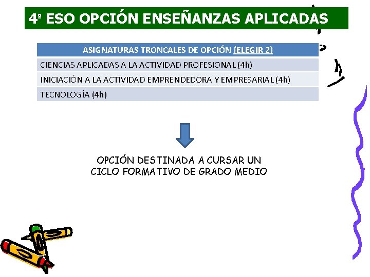 4º ESO OPCIÓN ENSEÑANZAS APLICADAS ASIGNATURAS TRONCALES DE OPCIÓN (ELEGIR 2) CIENCIAS APLICADAS A