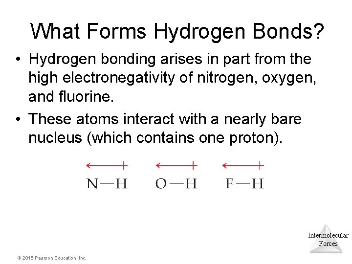 What Forms Hydrogen Bonds? • Hydrogen bonding arises in part from the high electronegativity