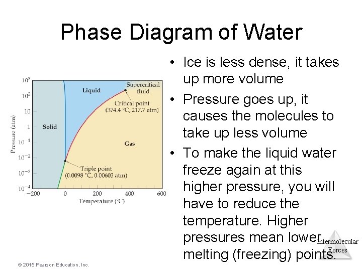 Phase Diagram of Water • Ice is less dense, it takes up more volume