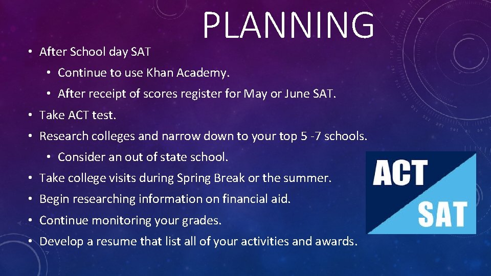• After School day SAT PLANNING • Continue to use Khan Academy. • • After School day SAT PLANNING • Continue to use Khan Academy. •