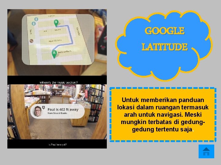 GOOGLE LATITUDE Untuk memberikan panduan lokasi dalam ruangan termasuk arah untuk navigasi. Meski mungkin